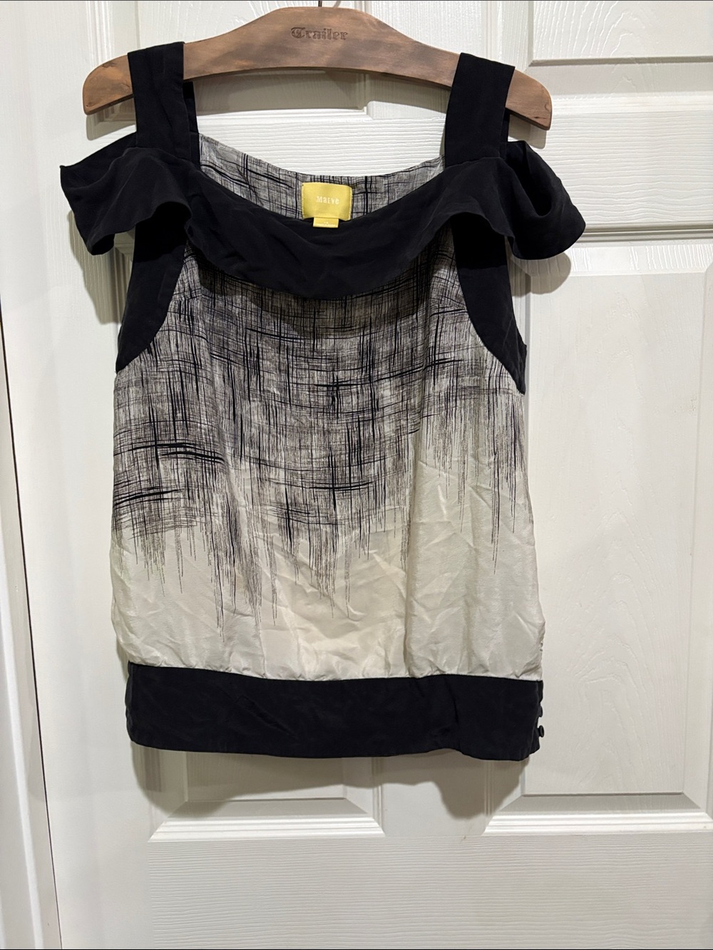 Anthropologie Maeve 100% Silk Black and Ivory Ruffle-Trim Camisole